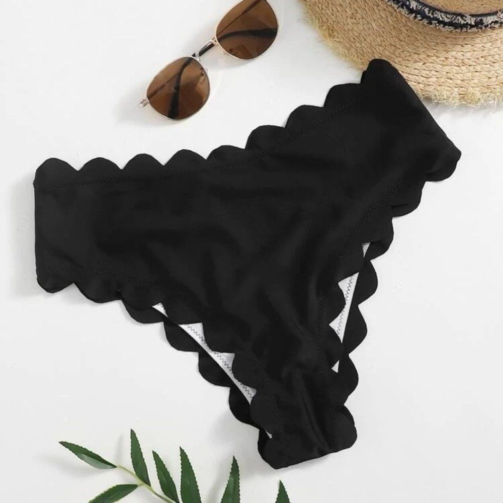 BOGO Free - Scalloped edge cheeky bikini bottom, black, XS - Picture 1 of 6